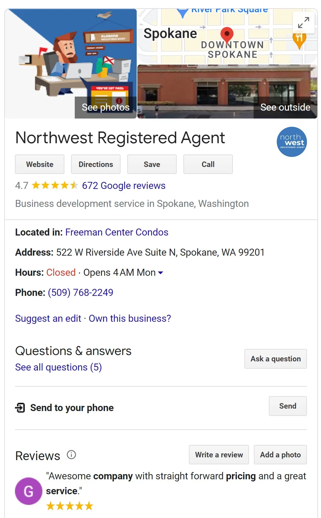 Google Profile of Northwest Registered Agent