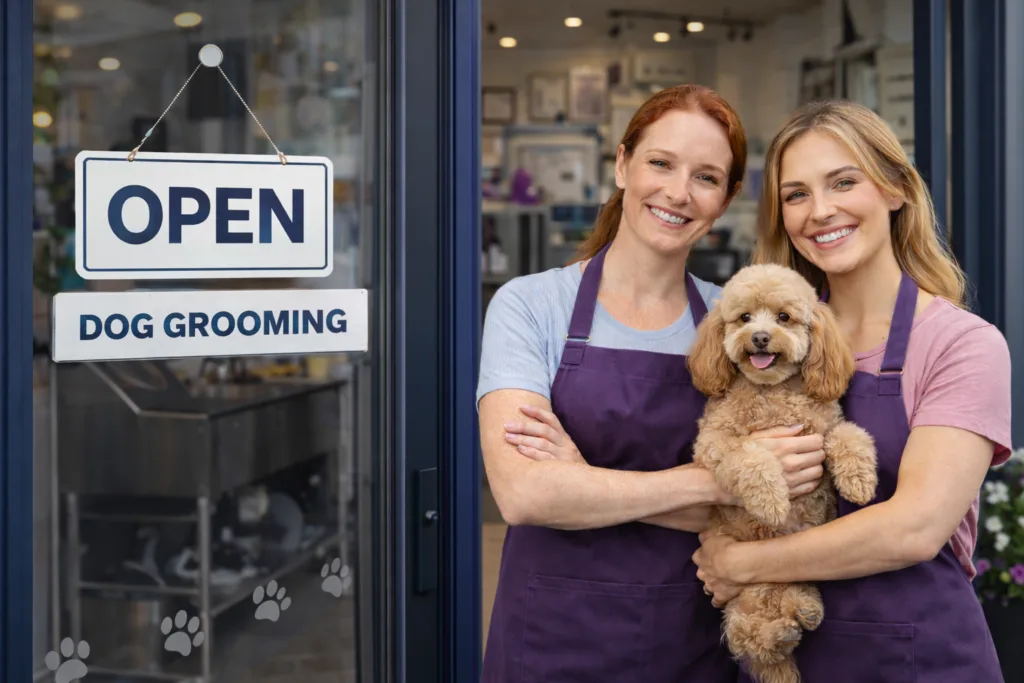 2 female dog grooming business owners in fron of their business