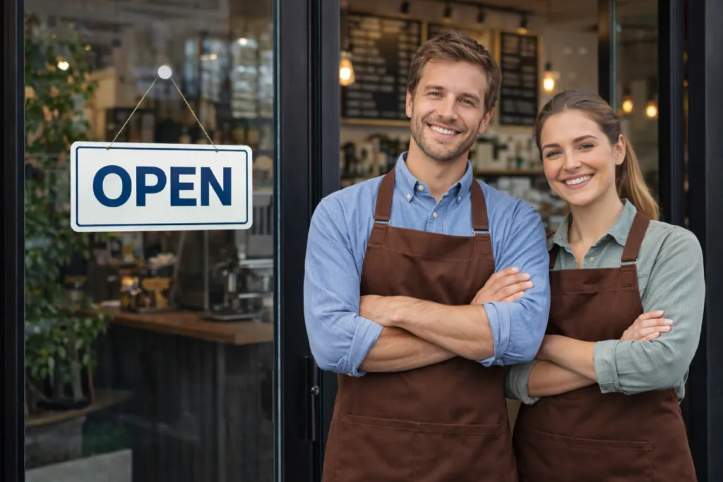 Enityfiling, 2 coffee shop owners in front of their shop