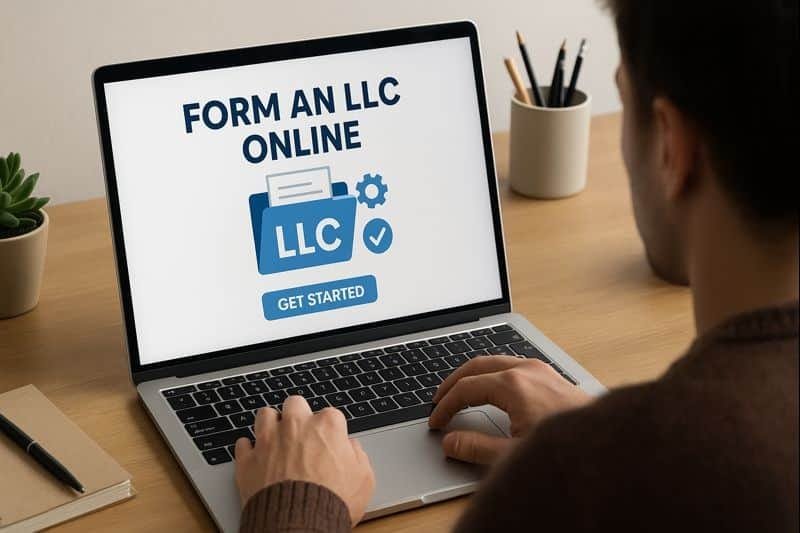 Man at a desk using a laptop to form an LLC online.