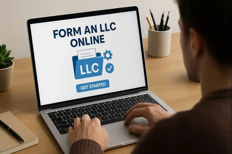 Man at a desk using a laptop to form an LLC online.