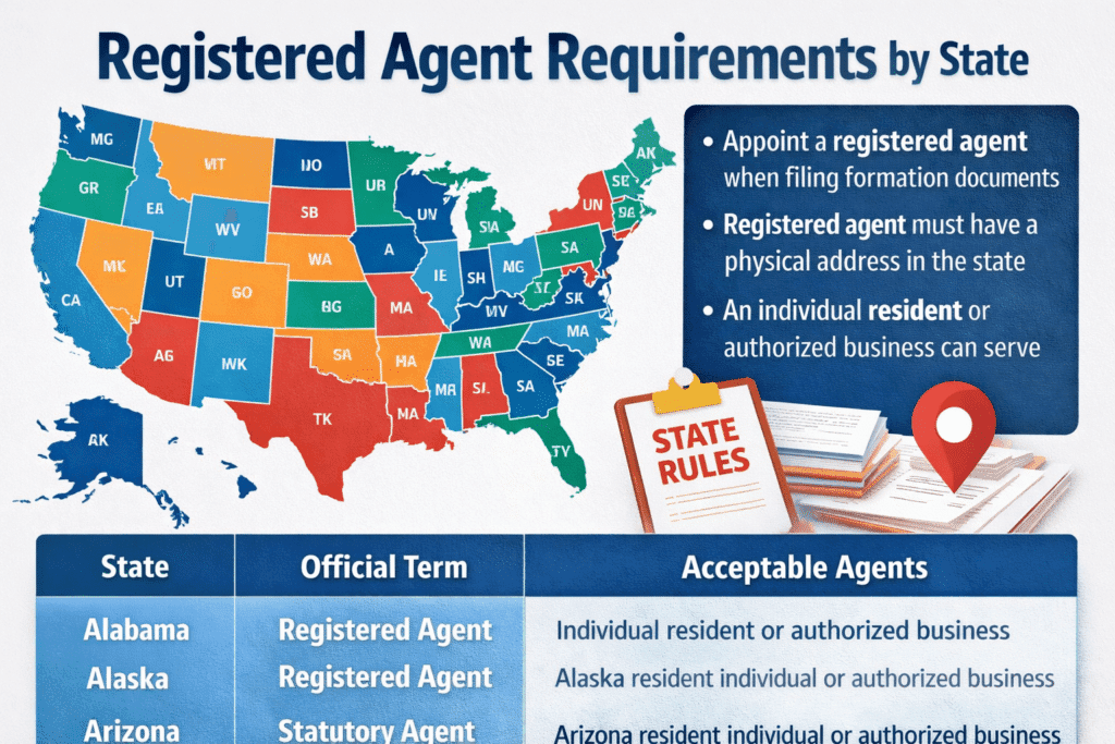 Registered Agent Requirements by State, infographic