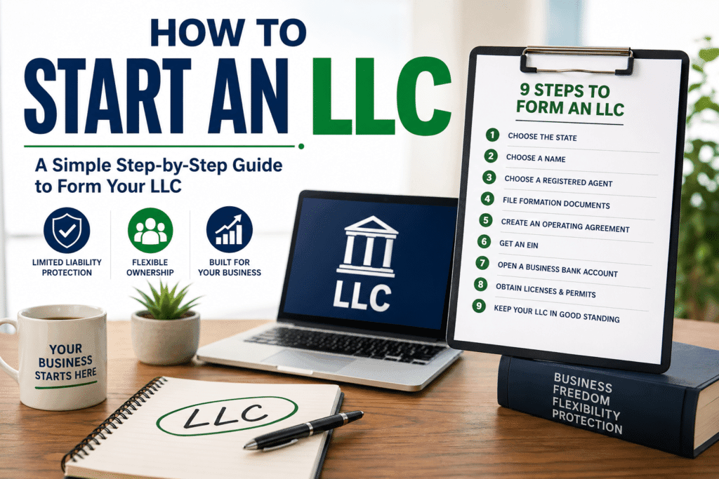 Featured image, How to Start an LLC, desk with laptop